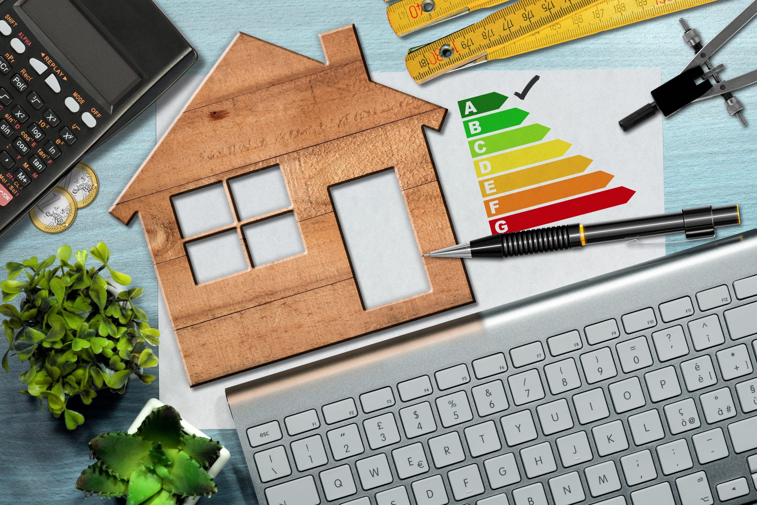 Energy efficiency rating graph on a desk with a wooden house model, calculator, folding ruler, drawing compass, pencil and a computer keyboard